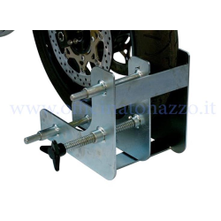 Clamp for lift or workbench for locking front wheel