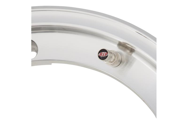 SIP 2.10x10 "tubeless rim, Polished Aluminum for Vespa 50-125-150-200, Rally, PX, Sprint etc. (valve pre-assembled and nuts included)