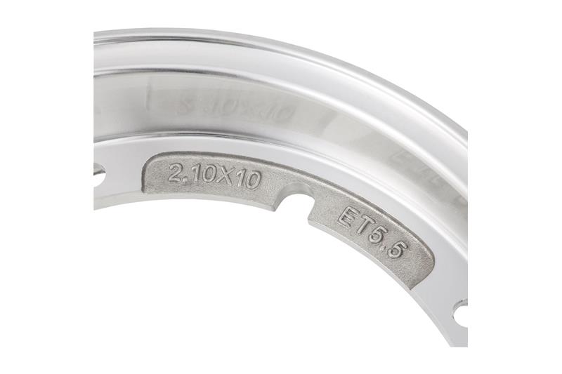 SIP 2.10x10 "tubeless rim, Polished Aluminum for Vespa 50-125-150-200, Rally, PX, Sprint etc. (valve pre-assembled and nuts included)