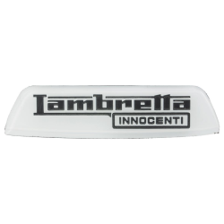 Badge "Lambretta INNOCENTI", posteriore, per Lambretta 125 LI 3Â° ('68-)/LIS/150 LI 3Â° ('68-) /LIS/SX/200 SX bianco/nero, 150x38 mm