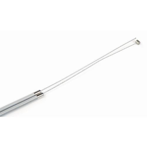 Cavo gas Vespa completo: filo zincato 2000 mm, guaina grigia 1800 mm e nipplo a barilotto. Verificare percorso e terminale lato carburatore.
