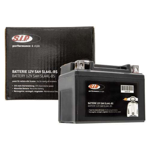 Batteria SIP SLA4L-BS 12 V 5 Ah, sigillata e precaricata, misure 112x68x89 mm e polo positivo a destra per scooter compatibili.
