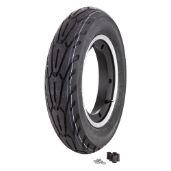 Gruppo ruota SIP Performer 2.0, 3.50-10", 59P, TL/TT, rinforzato, anteriore e posteriore, KBA 51612, SIP 2.0 2.10-10", tubeless, alluminio, nero con bordo lucido, montato, pronto all'uso, fino a 150km/h pneumatico sportivo e grado A - riparazione perfetta