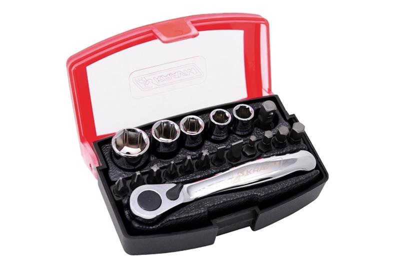 E06096 - CASE COMPLETE WITH RATCHET WITH INSERTS AND BUSHES 19 PIECES KRAVM