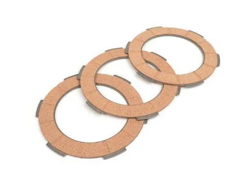 Tre dischi frizione guarniti BGM PRO BGM8013 per Vespa 50, Primavera, ET3 e PK compatibili. Materiale organico stabile a pressione e temperatura.