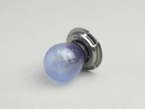 Lampadina BGM Style 9512024 P26s 12 V 15 W con vetro blu effetto xenon. GTIN 4251389107255; verificare attacco, tensione e potenza.