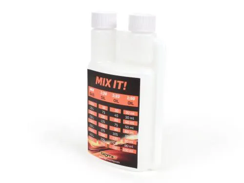 Bottiglia dosatrice BGM PRO 51405 in HDPE, capacità 250 ml, camera superiore graduata a 5 e 10 ml, collo stretto e due tappi a vite.