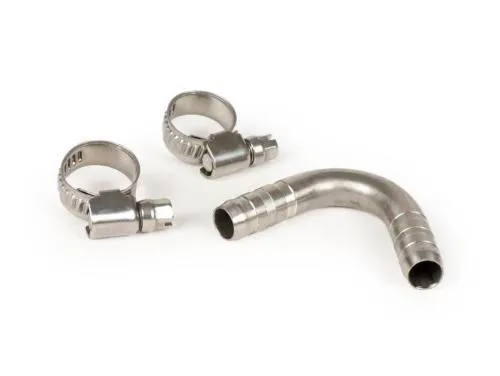 Raccordo tubo benzina BGM PRO BGM3033 inclinato 55°, in acciaio inox, Ø interno 7 mm ed esterno 10 mm per Vespa compatibili.
