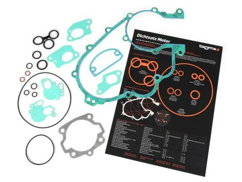 Kit BGM PRO BGM1213 per motori Vespa Largeframe 125/150 a due travasi: carta da 0,5 mm rivestita in silicone, guarnizioni carburatore e O-ring.