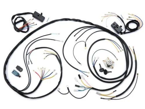 Set impianto elettrico incl. interruttore -BGM ORIGINAL- Vespa serie P (modelli italiani, o per la conversione) 1981-1983, con regolatore di tensione a 3 poli, con indicatore, senza batteria, clacson AC, statore elettronico a 5 fili, blocco accension