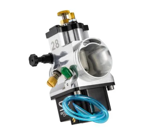 SmartCarb SC3 Lefthand da 28 mm per motori 2T: attacco motore Ø35 mm, filtro Ø50 mm, lunghezza 82,5 mm e regolazione esterna senza getti.