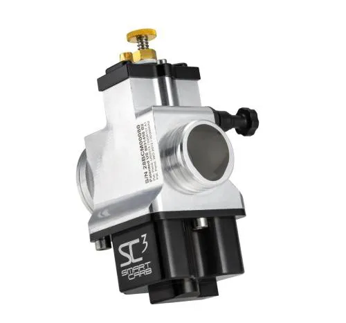 SmartCarb SC3 Lefthand da 28 mm per motori 2T: attacco motore Ø35 mm, filtro Ø50 mm, lunghezza 82,5 mm e regolazione esterna senza getti.