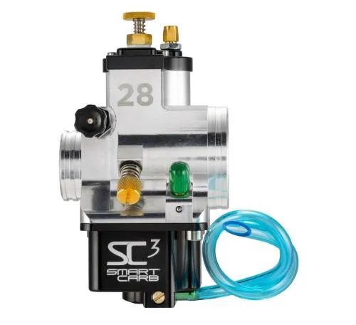SmartCarb SC3 Lefthand da 28 mm per motori 2T: attacco motore Ø35 mm, filtro Ø50 mm, lunghezza 82,5 mm e regolazione esterna senza getti.