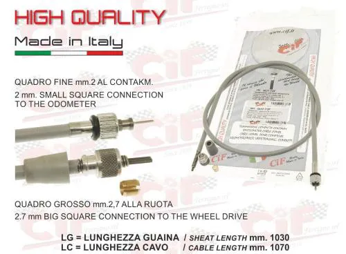 Trasmissione contachilometri completa: filo 1046 mm, guaina 1026 mm, quadro 1,9 mm lato strumento e 2,7 mm lato ruota, attacchi avvitati.