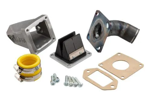 Collettore EGIG Performance per cilindri 170, 180 e 187 cc: passaggio 30 mm, raccordo 35 mm, pacco lamellare a 8 petali e manicotto in gomma.