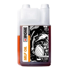 IPONE Self Oil semisintetico per motori 2T, JASO FC e API TC, flacone da 1 litro con dosatore graduato per la miscela.