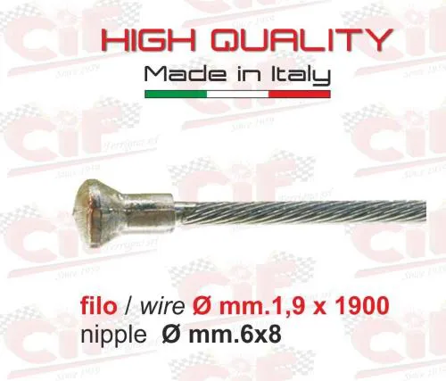 Filo interno frizione CIF 8762 per Vespa PK: diametro 1,9 mm, lunghezza 1900 mm e terminale cilindrico Ø 6x8 mm.