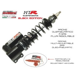 Ammortizzatore Carbone HTR Black Edition a gas per Vespa PX, PE, T5 e LML, con precarico e idraulica regolabili separatamente.