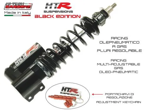 Ammortizzatore Carbone HTR Black Edition a gas per Vespa PX, PE, T5 e LML, con precarico e idraulica regolabili separatamente.