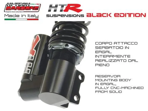 Ammortizzatore Carbone HTR Black Edition a gas per Vespa PX, PE, T5 e LML, con precarico e idraulica regolabili separatamente.