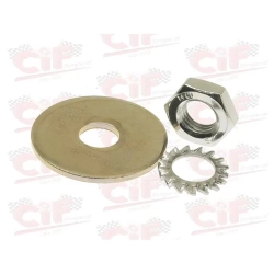 Kit CIF con dado M10x1,25, rondella piana larga e rondella dentellata per fissaggio superiore ammortizzatore anteriore Vespa PK, PX, LX, GTS e GTV.