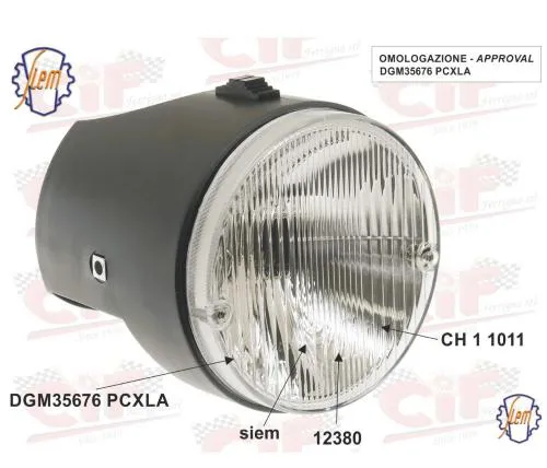Fanale anteriore completo SIEM grigio scuro per Piaggio Sì prima serie, con interruttore a tre posizioni, portalampada P26s e sede contachilometri da 48 mm. Riferimento Grabor FA12428.