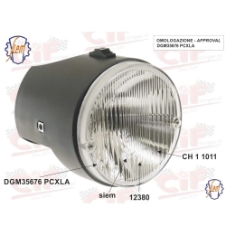 Fanale SIEM FA12428 grigio per Piaggio Sì 1979-1988: interruttore a 3 posizioni, portalampada P26s e sede contachilometri da 48 mm.