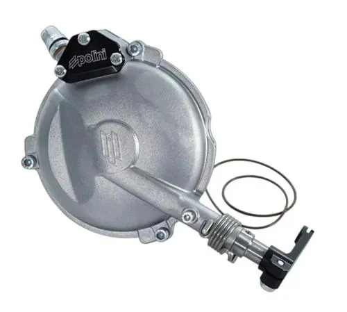 Coperchio frizione completo Polini For Race per Vespa Largeframe: sfiato a labirinto, spazio per frizioni maggiorate e passaggio ruota fino a 100 mm.