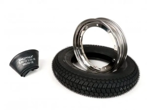 Kit pneumatico e cerchio ruota -BGM Classic, Vespa- 3.50 - 10 pollici TT 59P (rinforzato) - cerchio 2.10-10 acciaio inox, lucidato