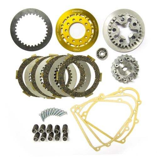 Frizione Pinasco Racing Shot Clutch 26090551 a 4 dischi sinterizzati e 10 molle per Vespa Smallframe e Ape 50. Utensile di montaggio escluso.