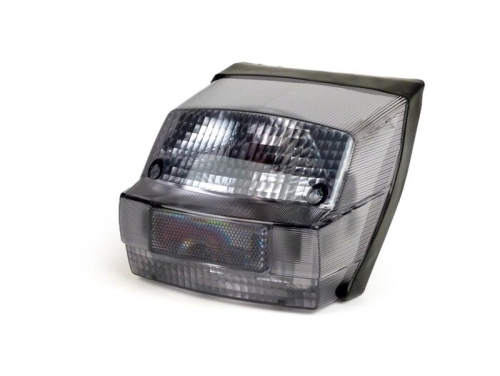 Fanale posteriore completo fumé nero MOTO NOSTRA 7675978 per Vespa P/PX prima serie fino al 1984, con lampadine, guarnizione e viti.