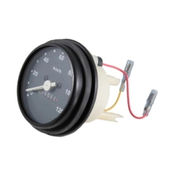 Contachilometri RMS Classic 163680028 per Vespa PK 50/125 compatibili, scala 120 km/h, quadrante nero, cifre bianche, cornice nera e diametro 70 mm.