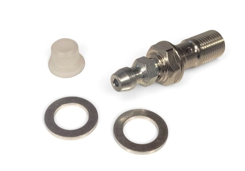 Vite raccordo con spurgo Crimaz DFR1021-AET3 M10×1, completa di guarnizioni in rame, per pinze e circuiti freno compatibili.