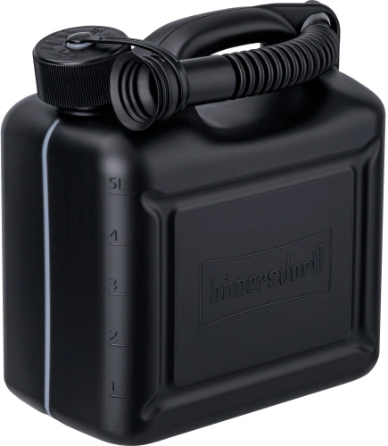 Tanica carburante HÜNERSDORFF Classic 90811900 da 5 litri in HDPE nero, con beccuccio e tappo vincolato, idonea anche per benzina E10; GTIN 4007228702293.