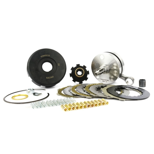 Kit Pinasco Bull Clutch 27082054 con albero corsa 57 mm, biella 110 mm, spalle Ø98 mm e frizione calettata, per Vespa Largeframe 200 compatibili.