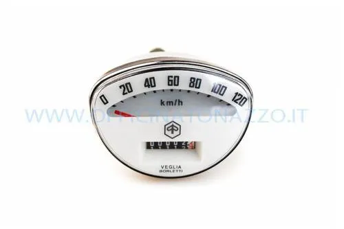 Contachilometri originale Piaggio 1210515 per Vespa Primavera ed ET3: scala 120 km/h, quadrante bianco, cornice cromata e corpo metallico.