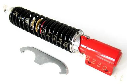 Ammortizzatore anteriore Carbone Sport per Vespa PX, PE, T5 e LML Star, con corpo rosso, molla nera e precarico regolabile su tre posizioni.