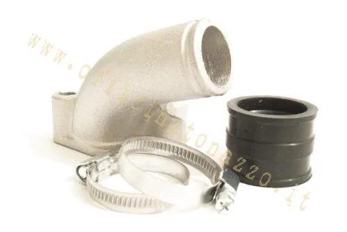 Collettore Polini 215.0110 per Vespa PX, PE, TS e Sprint Veloce: passaggio Ø28 mm, attacco Ø34 mm e fissaggio a due fori.
