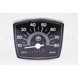 Contachilometri originale Piaggio per Vespa 50 Special ed Elestart: scala 80 km/h, quadrante nero 84x73 mm e attacco cavo 2,7 mm.
