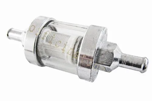 Filtro carburante BCR 403660305 in linea, ispezionabile, con raccordi da 6 mm e finitura cromata per tubazioni Vespa compatibili.