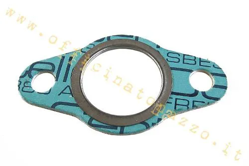 Guarnizione scarico Olympia 71892E in klingerite, foro centrale 26,3 mm, interasse 53,4 mm e fori da 8 mm per Vespa Smallframe compatibili.