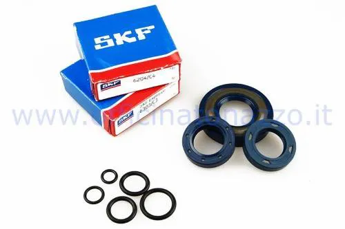 Kit banco Vespa 50 e Primavera con cuscinetti 6204-C4 e 6303-C3, paraoli lato volano e frizione e serie di anelli O-ring.