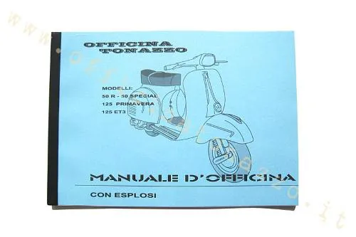 Manuale d'officina per Vespa 50 R, 50 Special, 125 Primavera e 125 ET3, con operazioni di servizio, schemi elettrici e viste esplose.