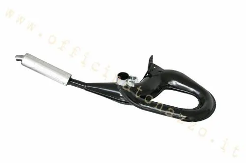 Marmitta Simonini 40301 a serpentone, con corpo nero e silenziatore in alluminio, per Vespa PX 125 e 150 2T. Impiego agonistico-sportivo.