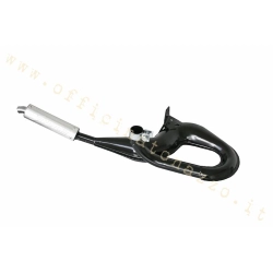 Marmitta Simonini 40301 a serpentone, con corpo nero e silenziatore in alluminio, per Vespa PX 125 e 150 2T. Impiego agonistico-sportivo.