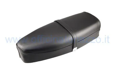 Sella biposto Dieffe P0120 per Vespa PX prima serie: telaio a molle, imbottitura in poliuretano, rivestimento nero e serratura.