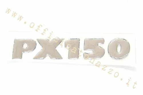 Targhetta adesiva resinata RMS PX 150 per cofano laterale Vespa PX 150 con freno a disco. MPN 142720200, EAN 8057570041416.
