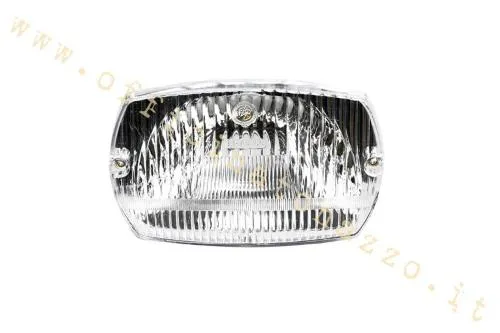 Gruppo ottico anteriore rettangolare Bosatta F268 da 90x140 mm, con lente in plastica e portalampada a due luci, per Vespa 50 Special ed Elestart.
