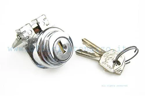 Serratura bloccasterzo CIF 5642 con piastra stretta e chiave tipo Misha, per Vespa 125 VNA-VNB e Vespa 150 VBA-VBB.