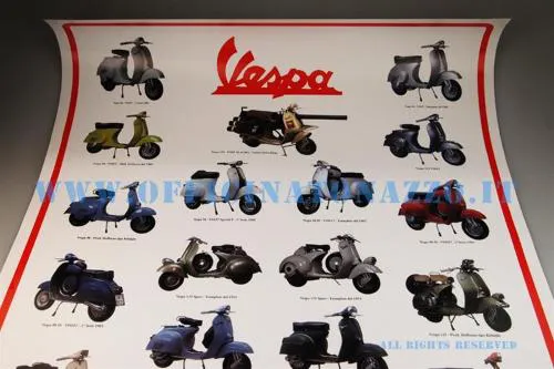 Poster F.A. Italia in formato 70 x 100 cm con modelli Vespa dal 1945 al 1979. Variante decorativa distinta dai poster Piaggio 610314M e 610158M.